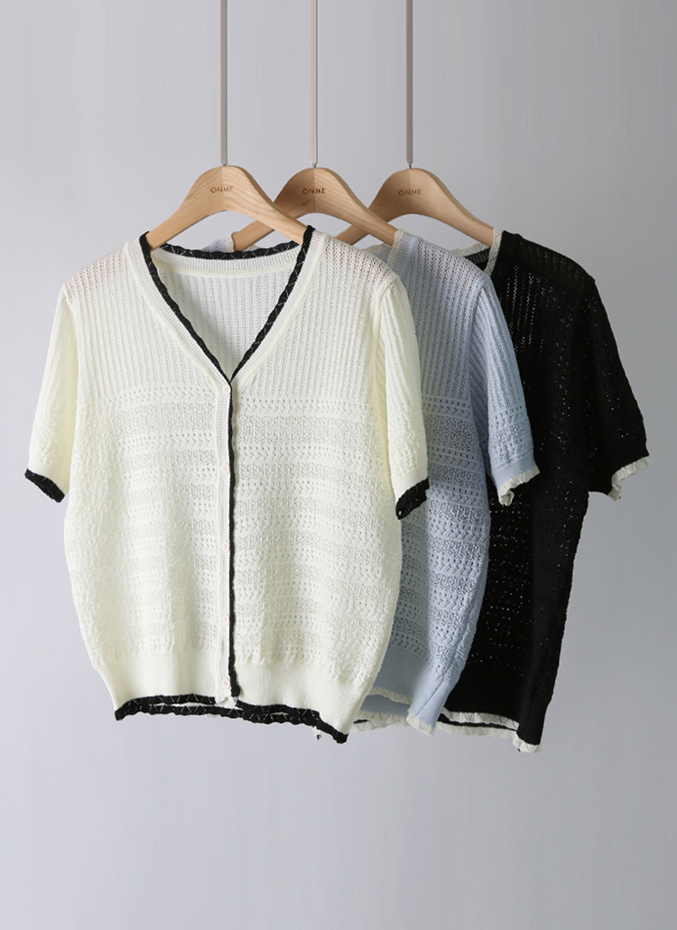 配色Vネックパンチングシアー半袖カーディガン | レディース