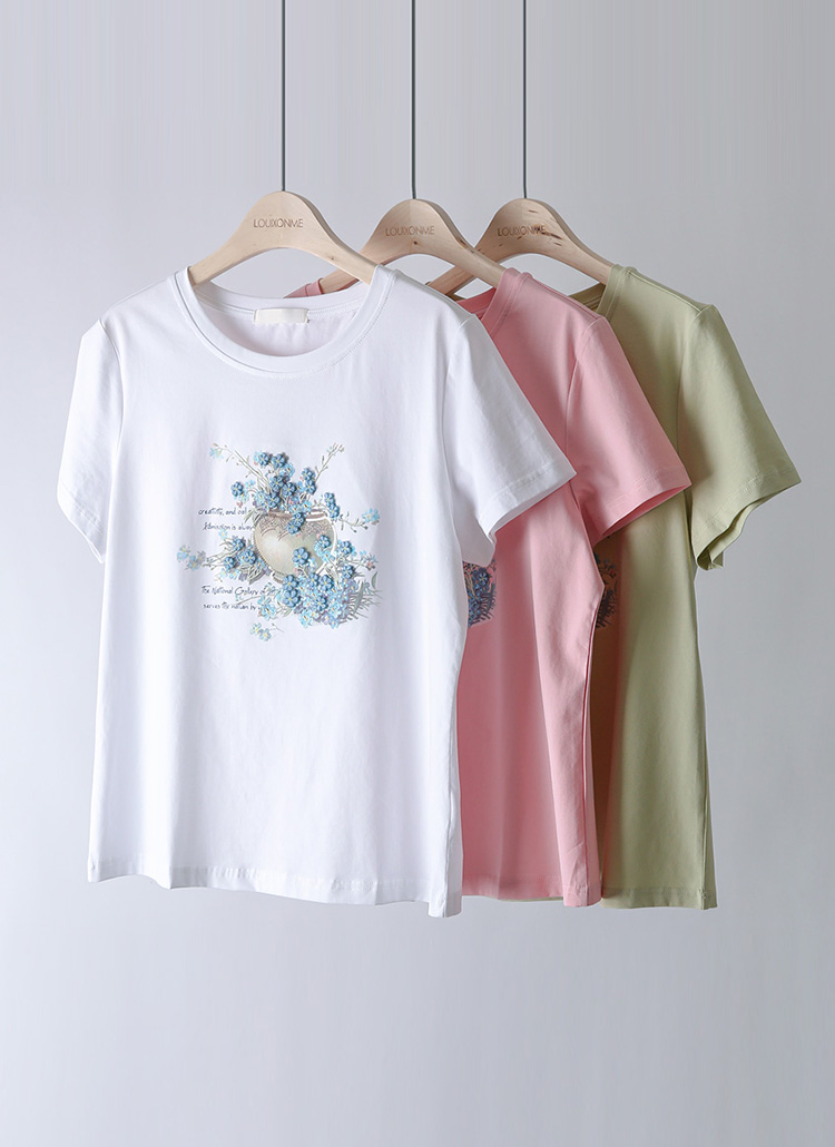 スパンコール刺繍フラワープリント半袖Tシャツ | レディース