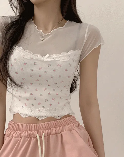 メロウシースルードッキングリボンフラワー半袖Tシャツ | JESSIYA | 詳細画像1