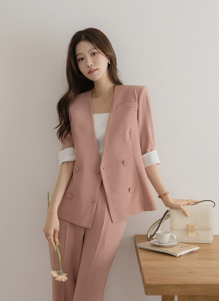 配色スリットスリーブノーカラージャケット | レディースファッション