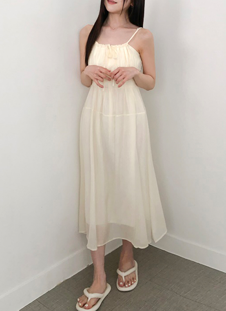 SINCETHENシフォン　ロングワンピース　キャミワンピース　アイボリー　S ドロストリボンシフォンキャミワンピース | レディースファッション
