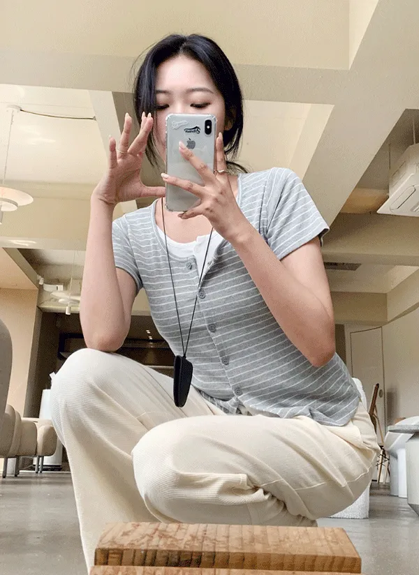 ボーダーレイヤードリブ半袖カーディガン | 66girls | 詳細画像1
