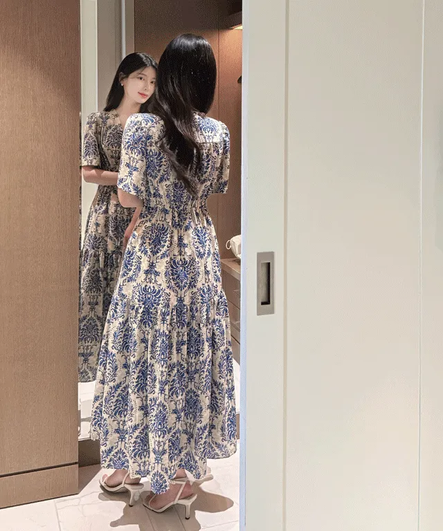 半袖Vネックロングドローストリングプリントワンピース | baddiary | 詳細画像1