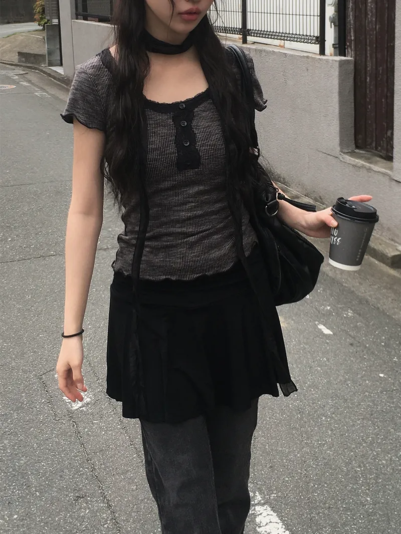 半袖フェイクボタンレースチョーカーセットTシャツ | anyonemore | 詳細画像1