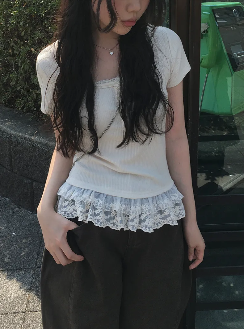レースレイヤードヘンリーネック半袖Tシャツ | anyonemore | 詳細画像1