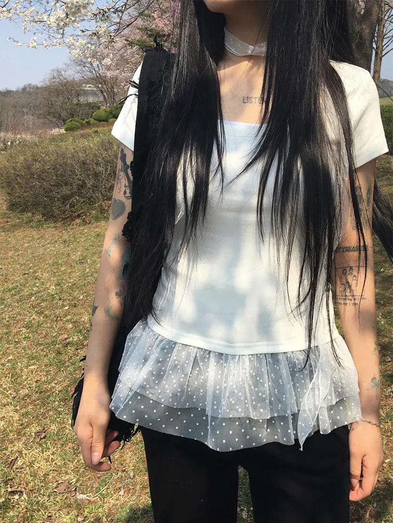 ドットストラップ付ドットチュール半袖Tシャツ | anyonemore | 詳細画像1