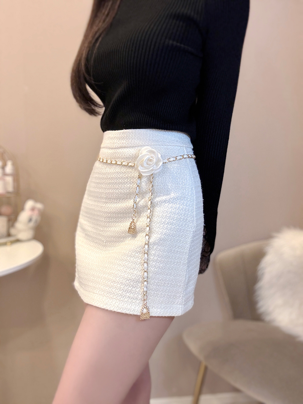 チェーンベルト&ブローチ付パンツ裏地ツイードミニスカート | 詳細画像6
