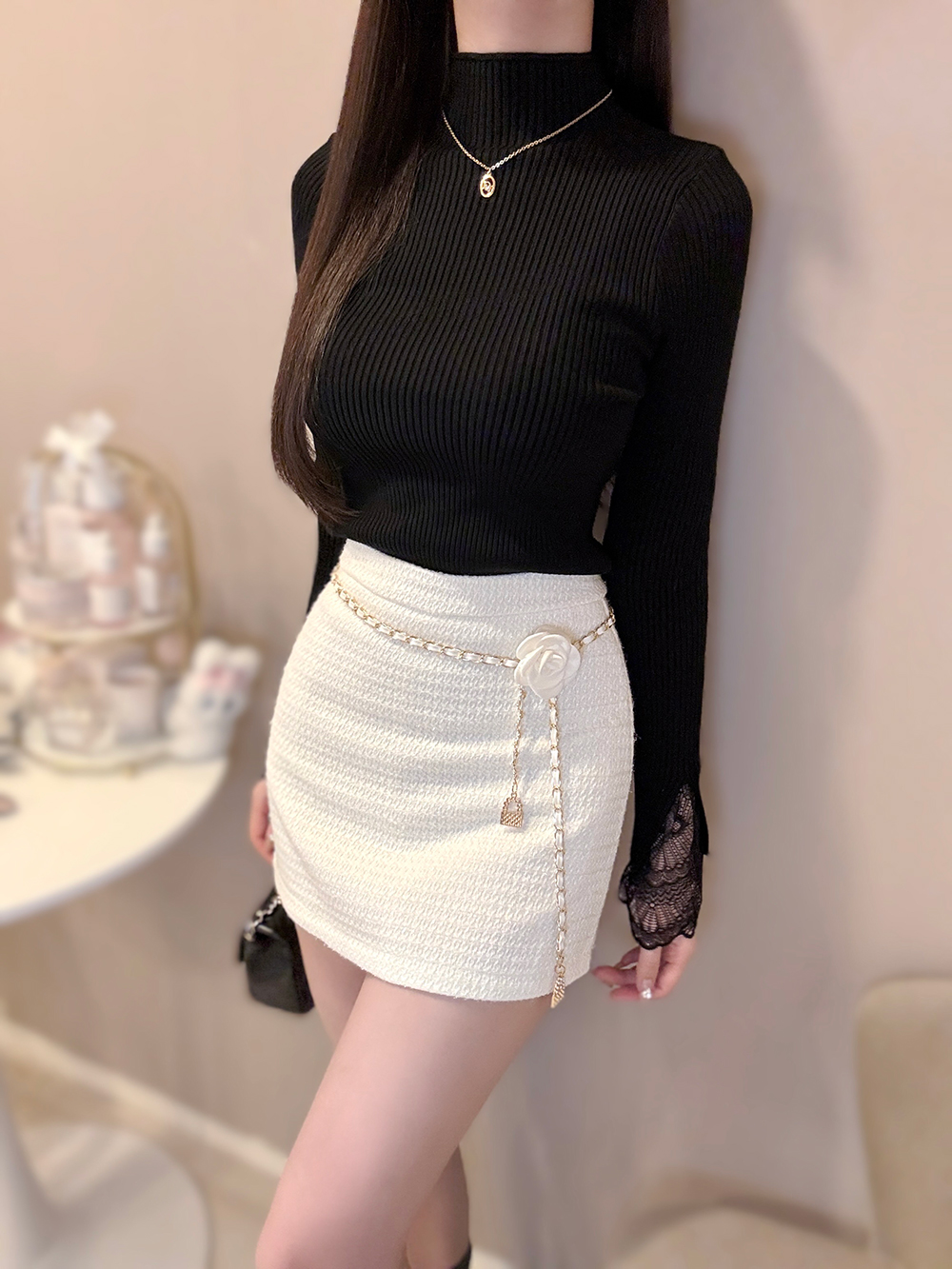 チェーンベルト&ブローチ付パンツ裏地ツイードミニスカート | 詳細画像10