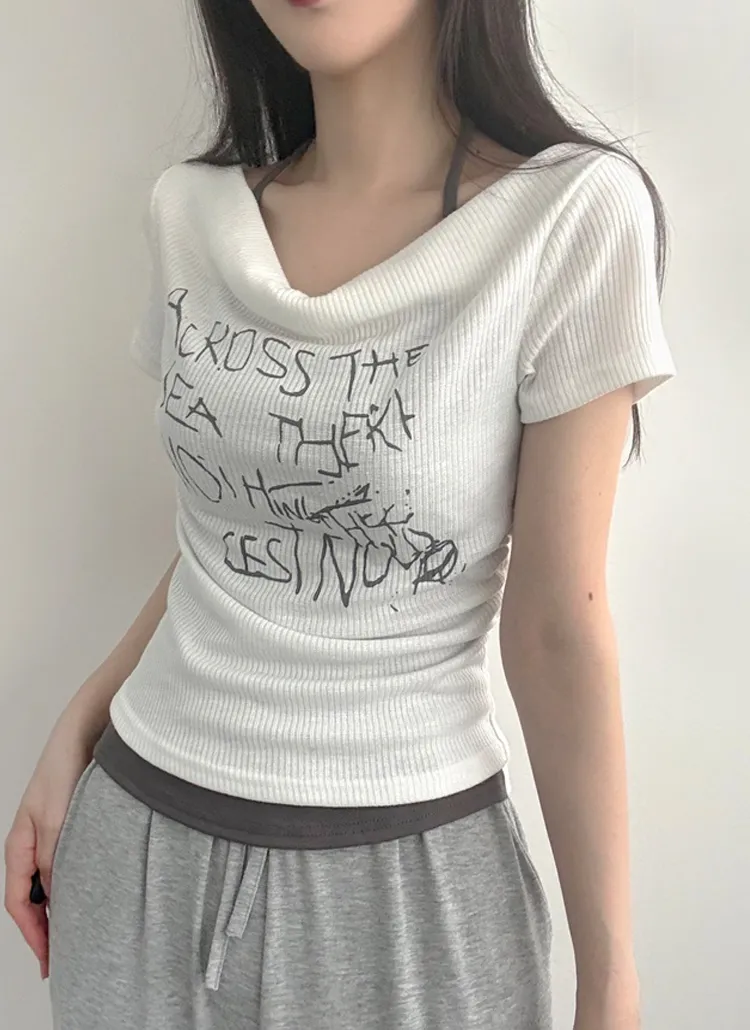 2WAYホルターレタリングリブ半袖Tシャツ | lilisense | 詳細画像1