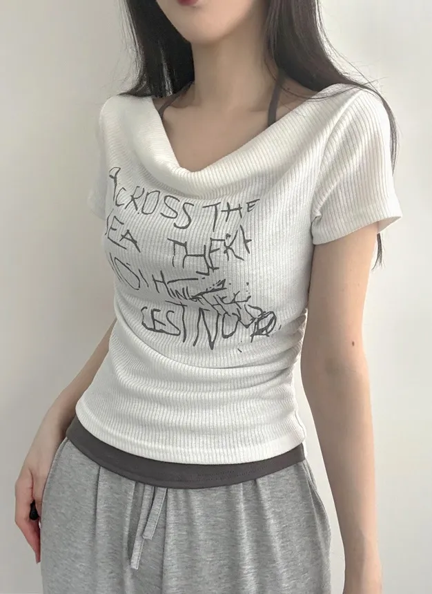 2WAYホルターレタリングリブ半袖Tシャツ | lilisense | 詳細画像1