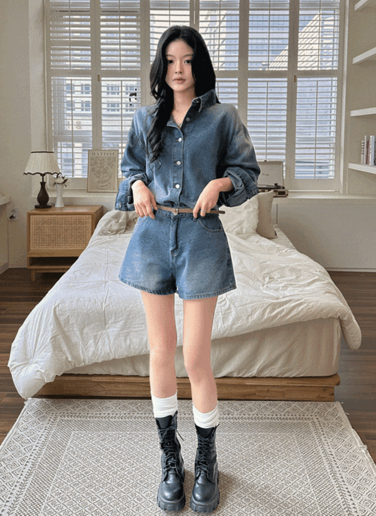 trifle デニムセットアップ ブルー NEW ARRIVALS クロップドジャケットデニムセットアップ