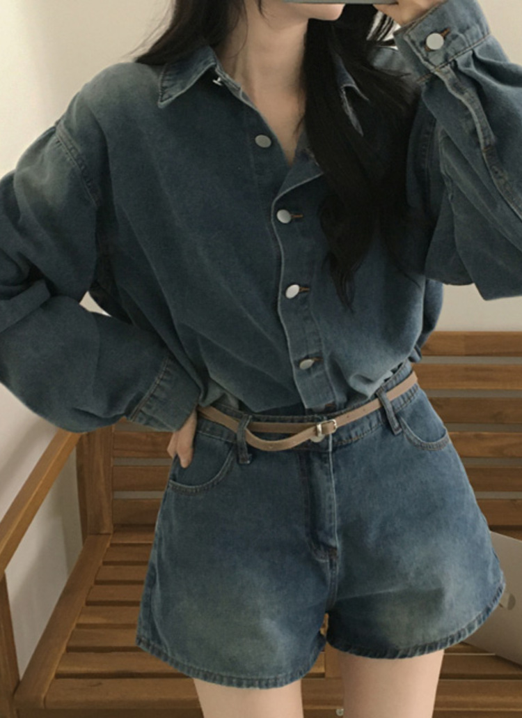 デニムショートディープブルーデニムセットアップ | レディース