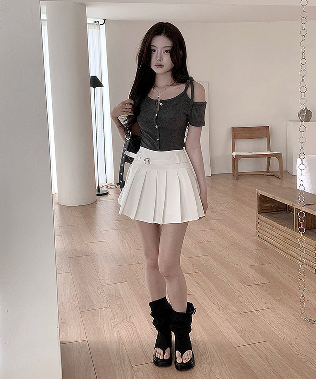 パンツ裏地ベルトAラインプリーツミニスカート | レディース