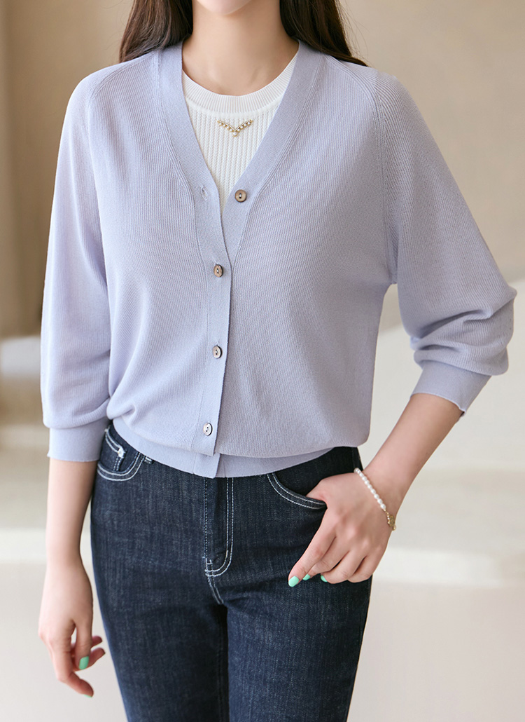 Vネックラグラン7分袖ニットカーディガン | レディースファッション