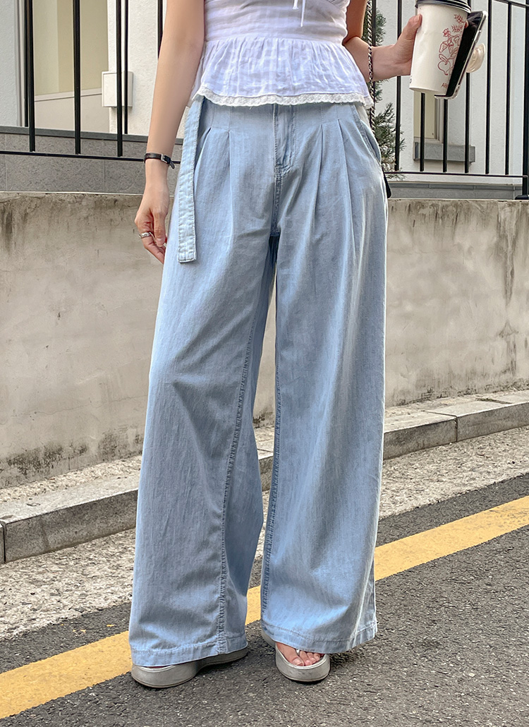 ベルト付ツータックハイウエストワイドデニムパンツ | レディース