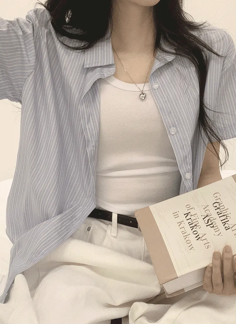 ルーズ半袖ストライプシャツ | withhuilin | 詳細画像1