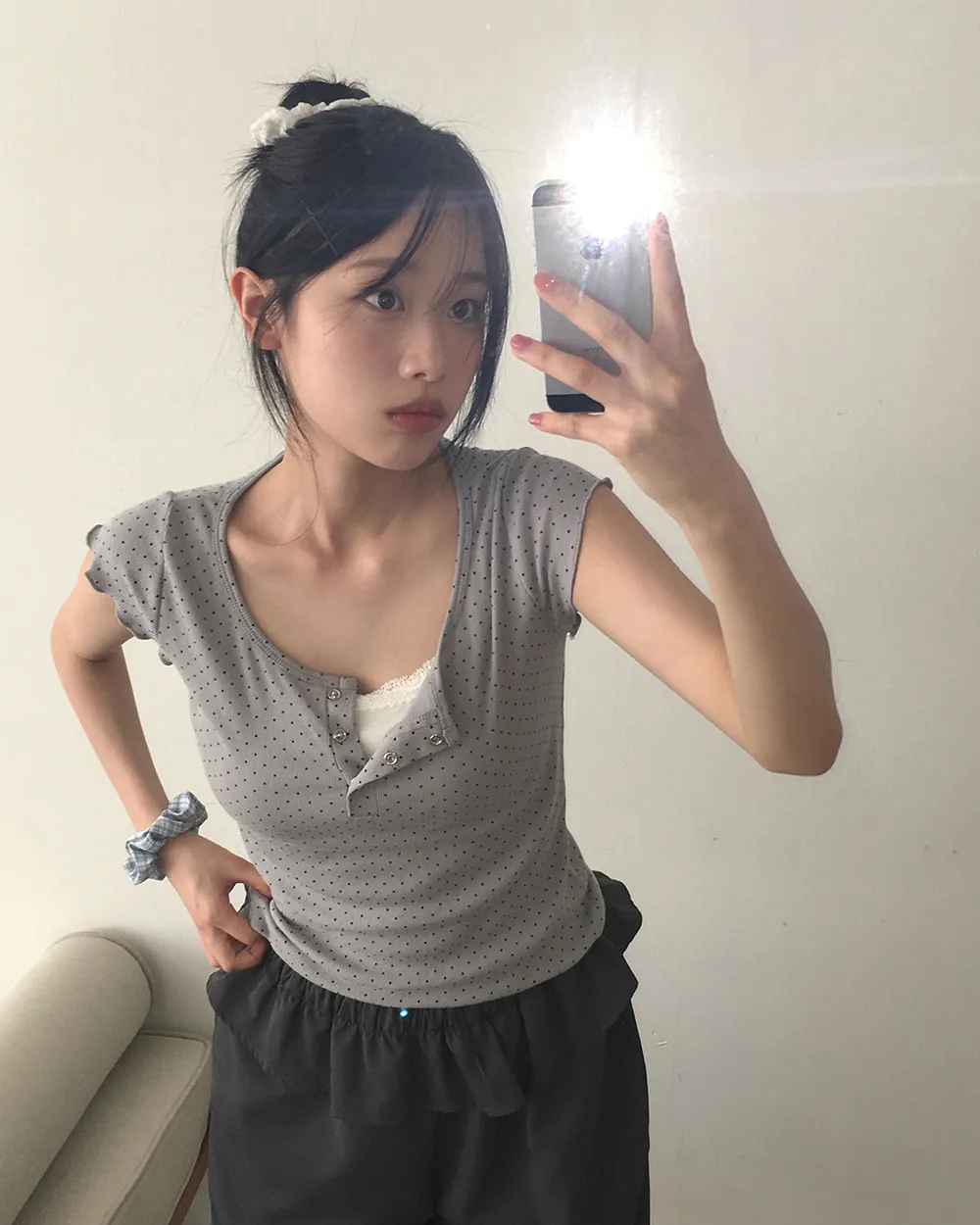 メロウヘンリーネックキャップスリーブドットTシャツ | WONDERWONDER | 詳細画像1