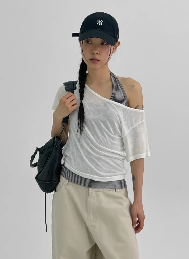 オフショルダーアンバランスネックTシャツ | blackup | 詳細画像1
