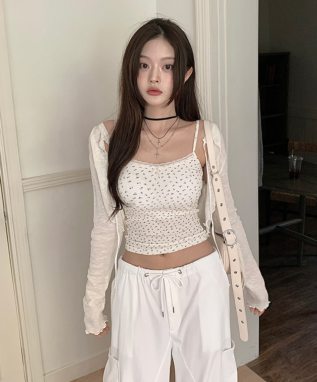 poppy小花柄カーディガン 韓国 カーディガン 小花柄 スナップボタン ワッフルカーディガン
