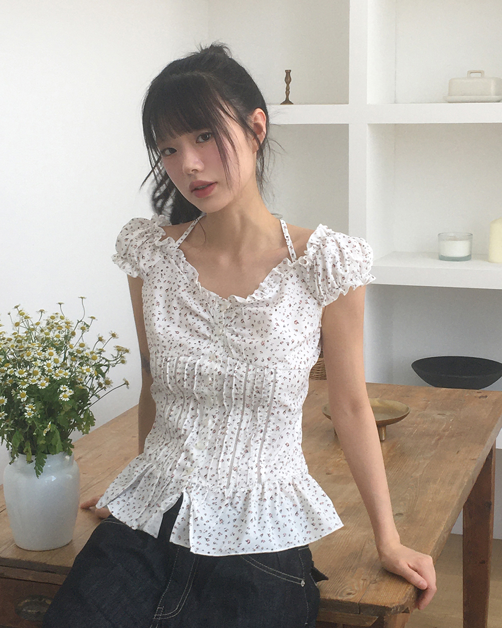 半袖パフスリーブ小花柄ブラウスノースリーブ | レディース