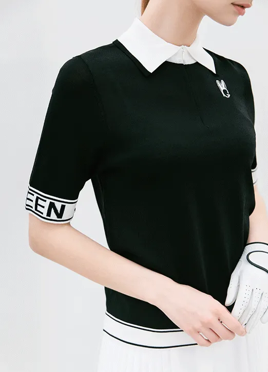 ニットクールカラースリム半袖配色ポロカラーTシャツ | styleonme | 詳細画像1