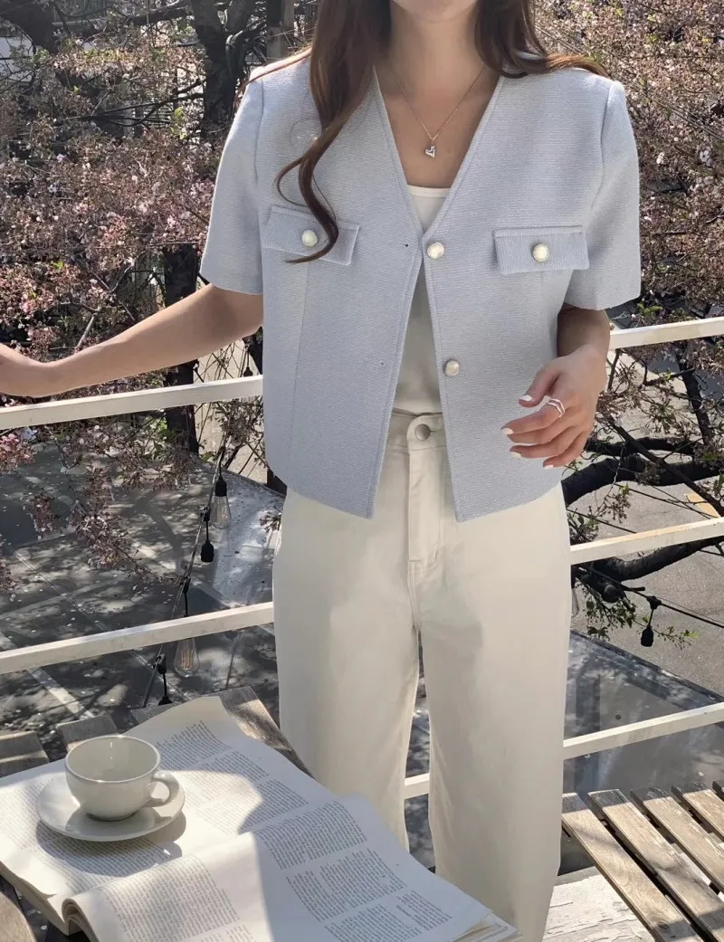 Vネッククロップド半袖ジャケット | 詳細画像1