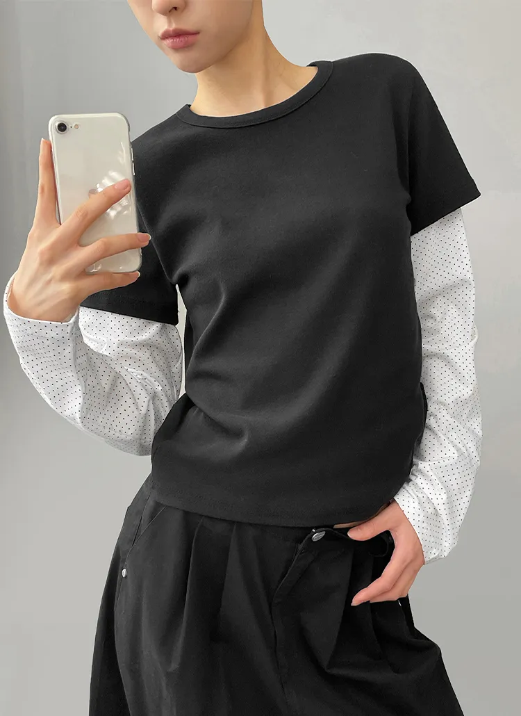 長袖レイヤード風ラウンドネックドットTシャツ | blackup | 詳細画像1