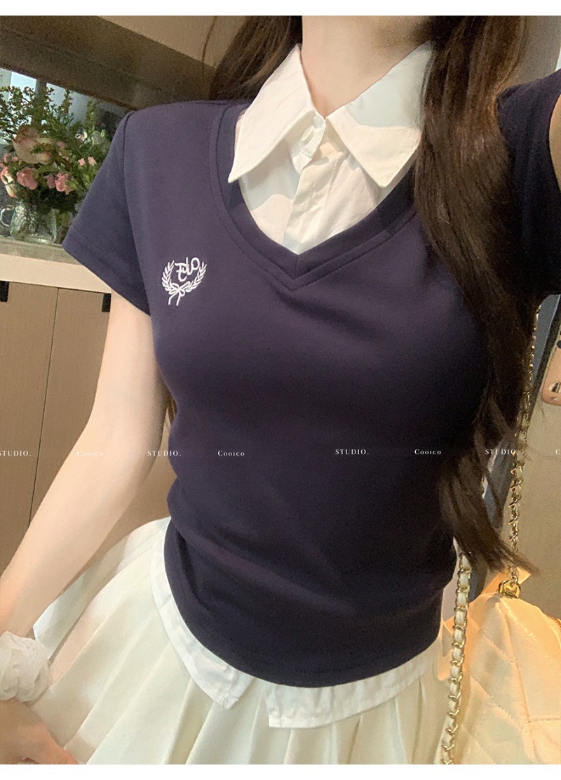 Vネックレイヤード風刺繍Tシャツ | 詳細画像3