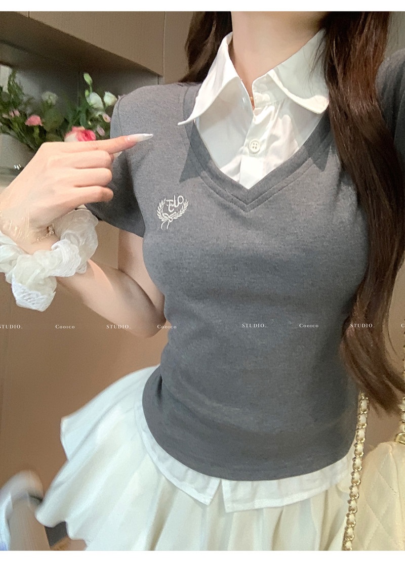 Vネックレイヤード風刺繍Tシャツ | 詳細画像4