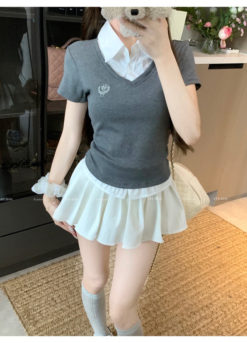 Vネックレイヤード風刺繍Tシャツ | 詳細画像5