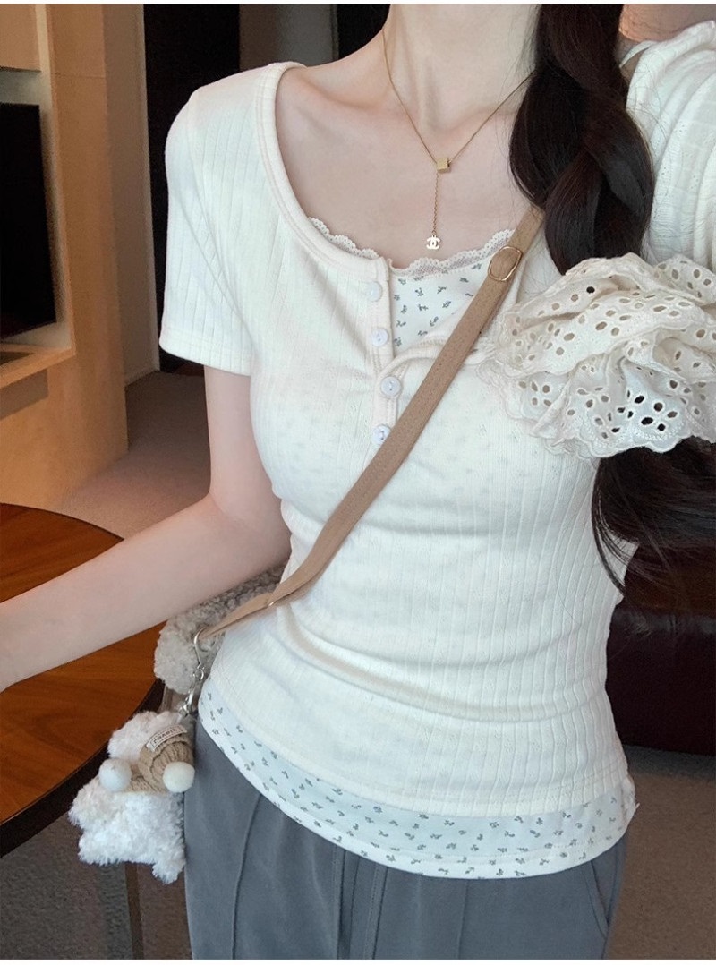 ボタンレイヤード風半袖花柄Tシャツ | 詳細画像7