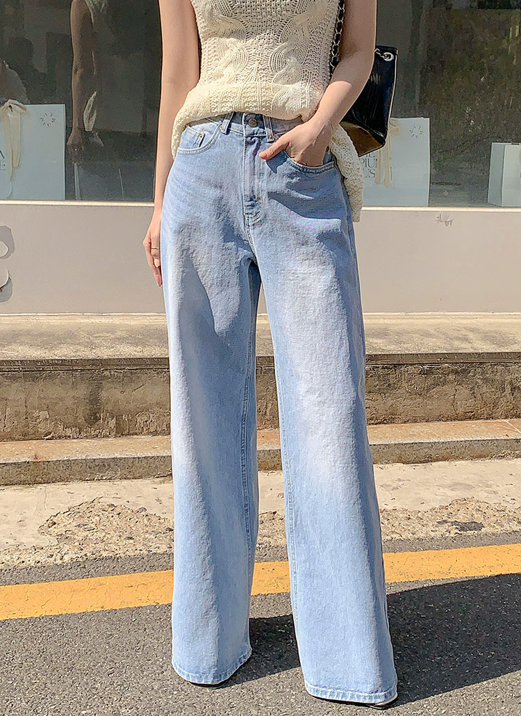 ストレートワイドライトブルーデニムパンツ | レディースファッション