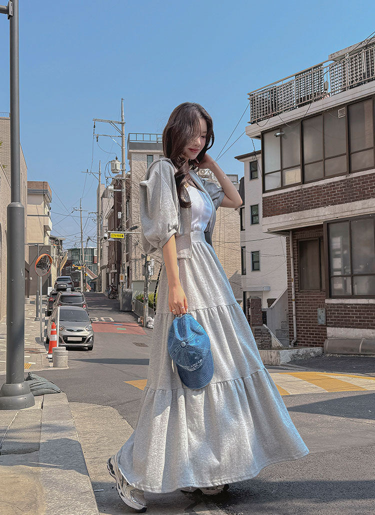 パフスリーブロング無地セットアップスカートジップパーカー