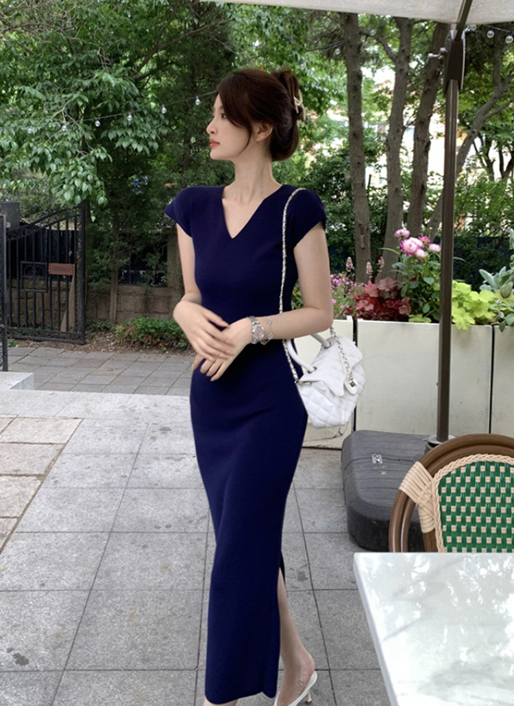 Vネックフレンチスリーブロングワンピース | レディースファッション