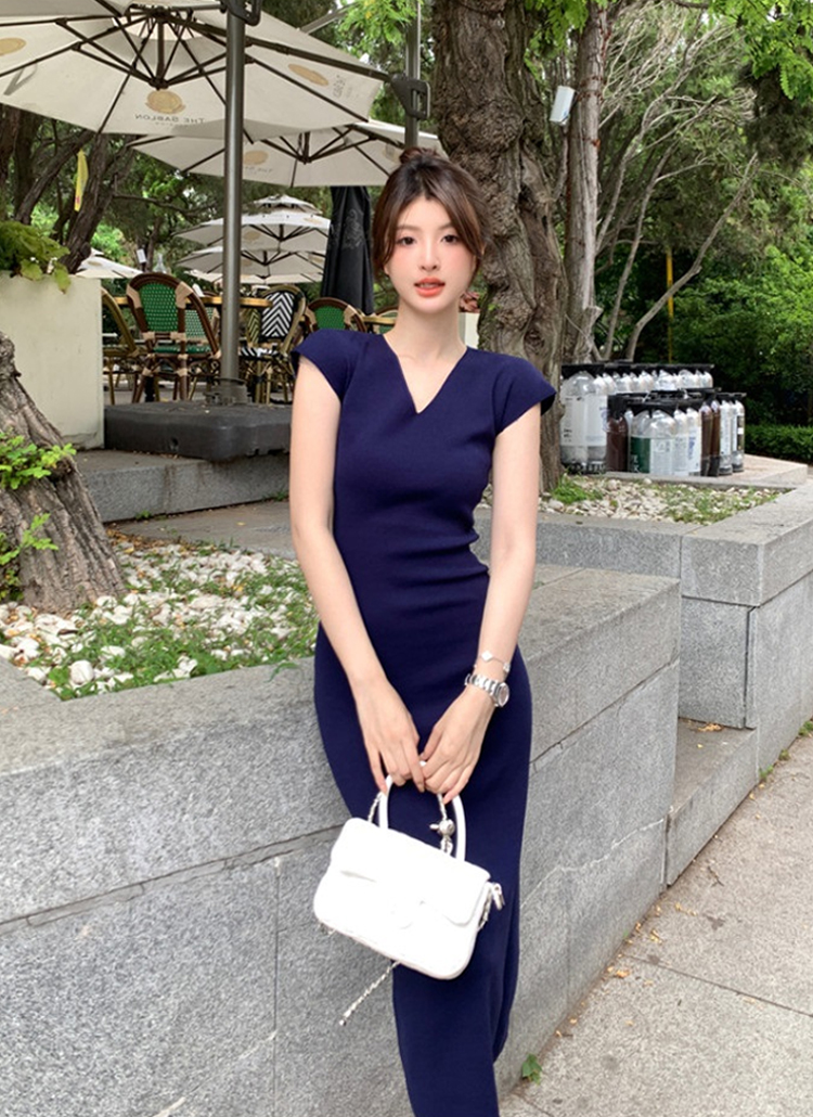 Vネックフレンチスリーブロングワンピース | レディースファッション