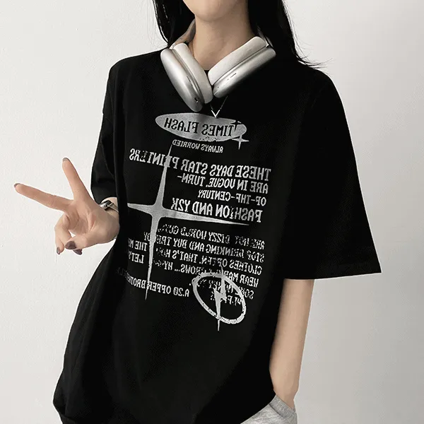 ラウンドネックボクシー半袖レタリングTシャツ | hijjoo | 詳細画像1