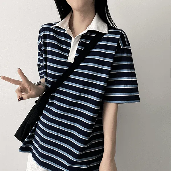 半袖ボーダー配色ポロカラーTシャツ | hijjoo | 詳細画像1