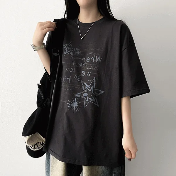 半袖オーバーサイズラウンドネックレタリングTシャツ | hijjoo | 詳細画像1