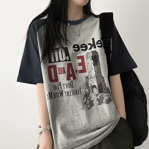 半袖ラグランボクシーラウンドネック配色プリントTシャツ | hijjoo | 詳細画像1