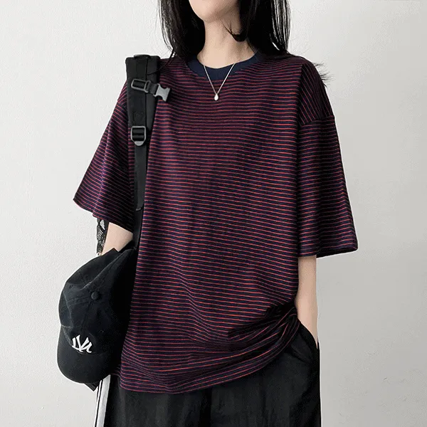 ラウンドネックボクシー半袖ボーダーTシャツ | hijjoo | 詳細画像1