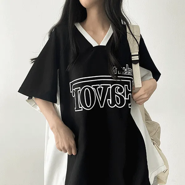 クールVネック半袖オーバーサイズロゴ配色Tシャツ | hijjoo | 詳細画像1