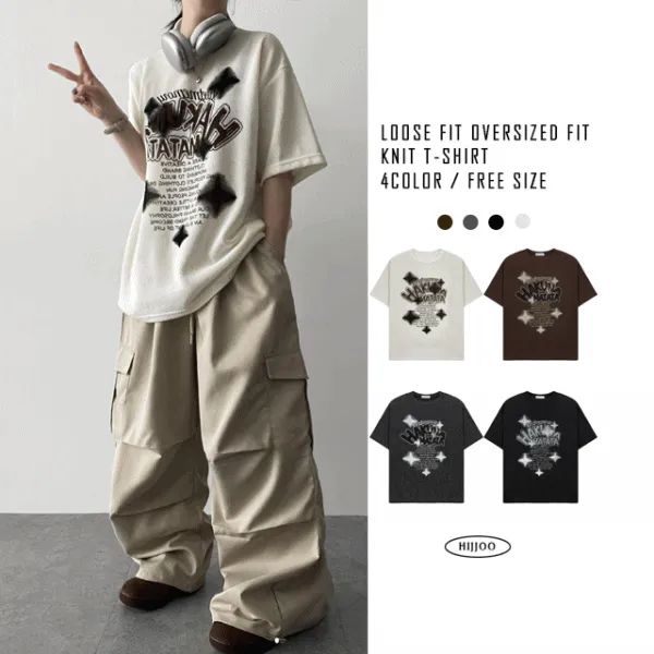 ニット半袖ラウンドネックボクシープリントTシャツ | hijjoo | 詳細画像1