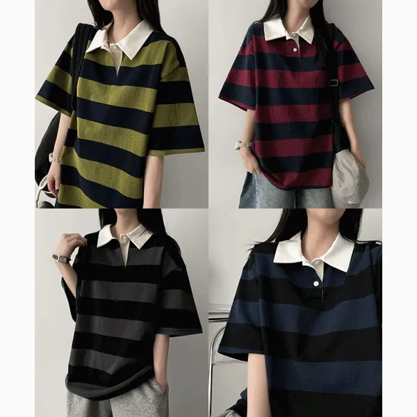 半袖ボクシー配色ボーダーポロカラーTシャツ | hijjoo | 詳細画像1