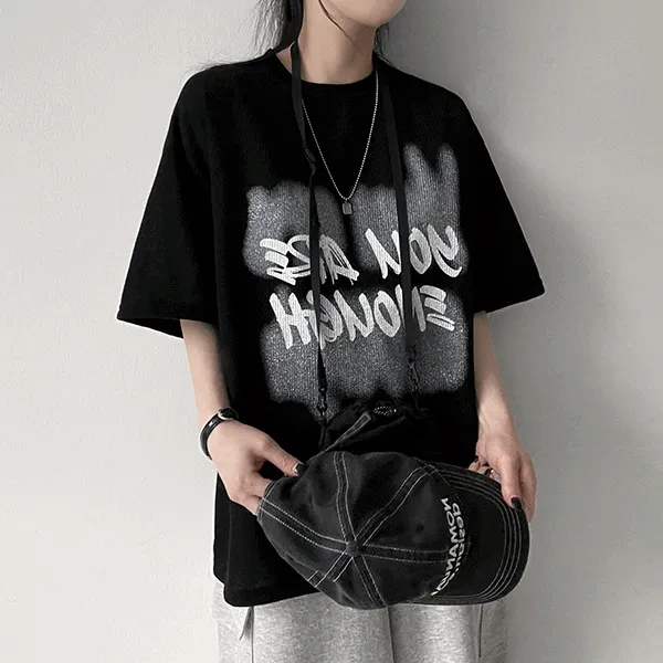 ニット半袖ラウンドネックボクシーレタリングTシャツ | hijjoo | 詳細画像1