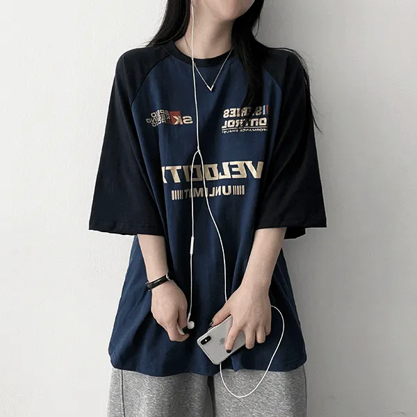 半袖オーバーサイズラグランラウンドネック配色Tシャツ | hijjoo | 詳細画像1