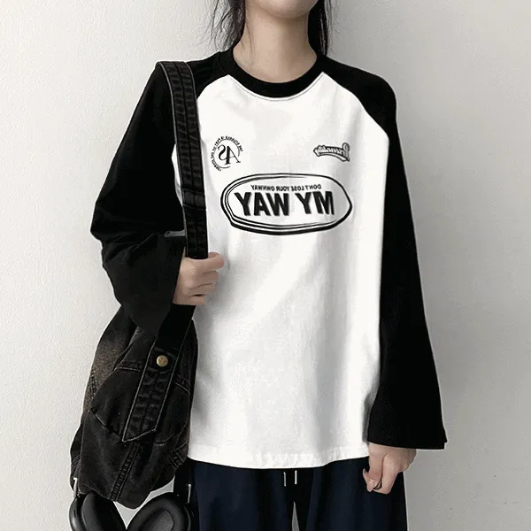 ラウンドネックラグラン長袖ロゴ配色Tシャツ | hijjoo | 詳細画像1