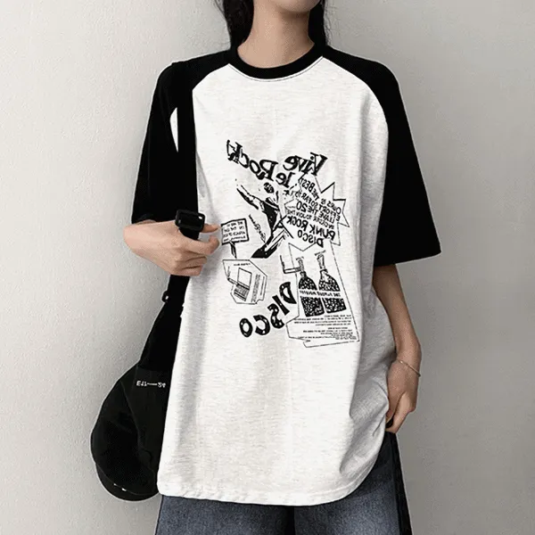 半袖ラグランオーバーサイズ配色プリントTシャツ | hijjoo | 詳細画像1