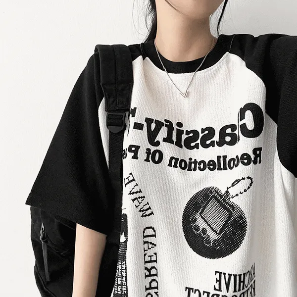 ニットラグラン半袖ルーズプリントTシャツ | hijjoo | 詳細画像1