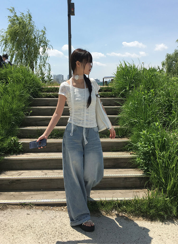 ウォッシングワイド夏デニムパンツ | レディースファッション