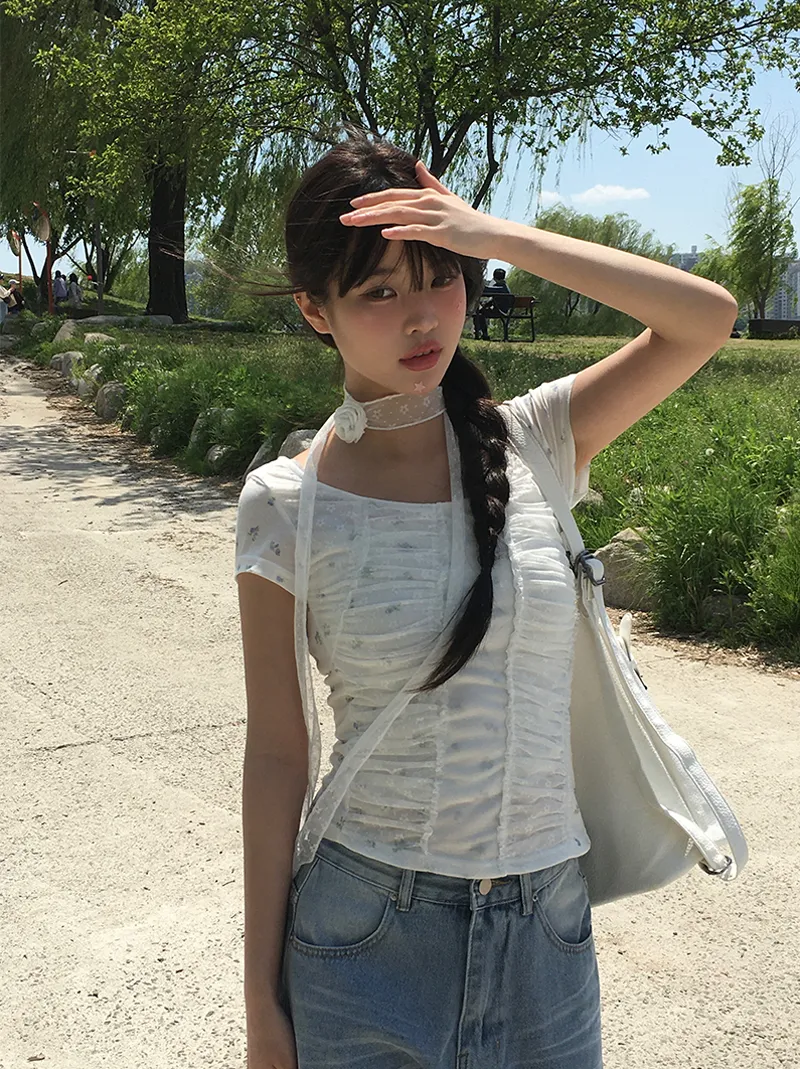 スカーフ付シャーリング小花柄Tシャツ | anyonemore | 詳細画像1